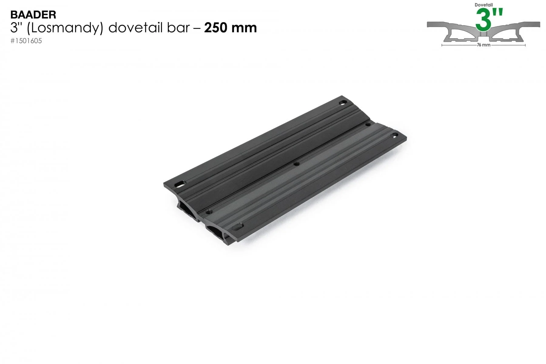Baader 3" Losmandy Dovetail Bar, 250mm (10") long, black anodized